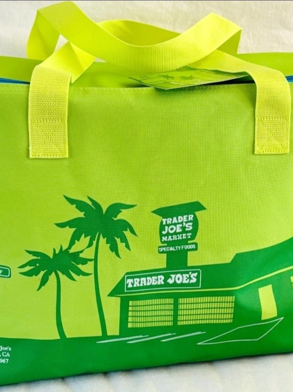 Trader Joe’s Large Reusable Insulated Cooler Tote Bag Green Blue +zip New